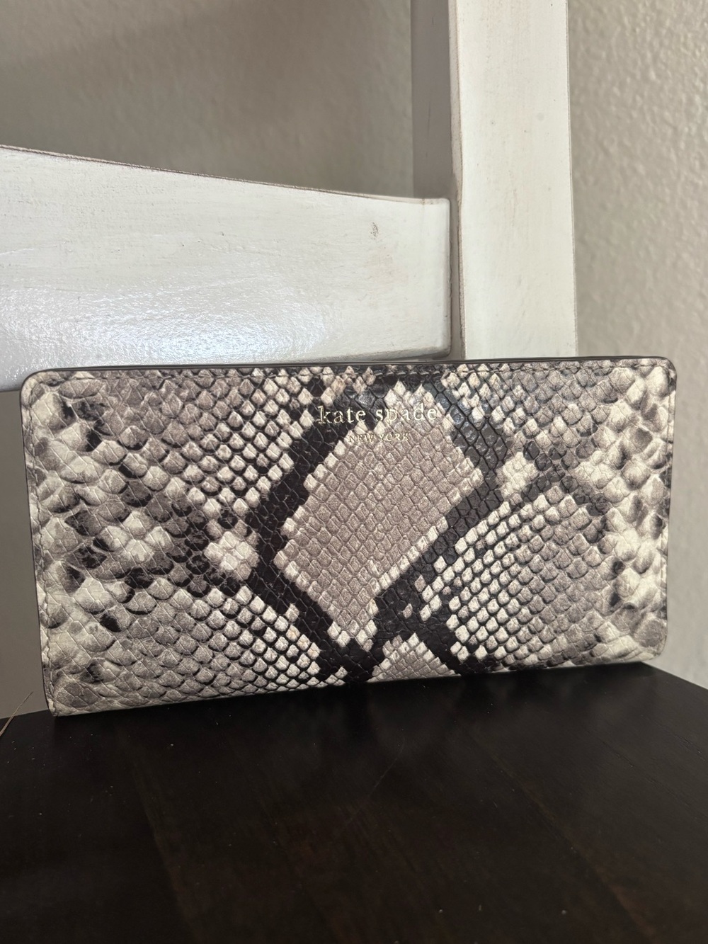 kate spade Snake-Print Continental Wallet in Gray and Black
